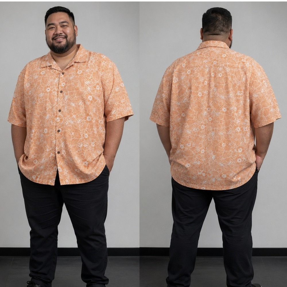 Tommy Bahama XXL Silk Shirt Peach White Tropical Floral Geometric Camp Button Up